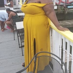 Rebdolls Mustard Yellow Off-Shoulder Maxi Dress with Front Slit